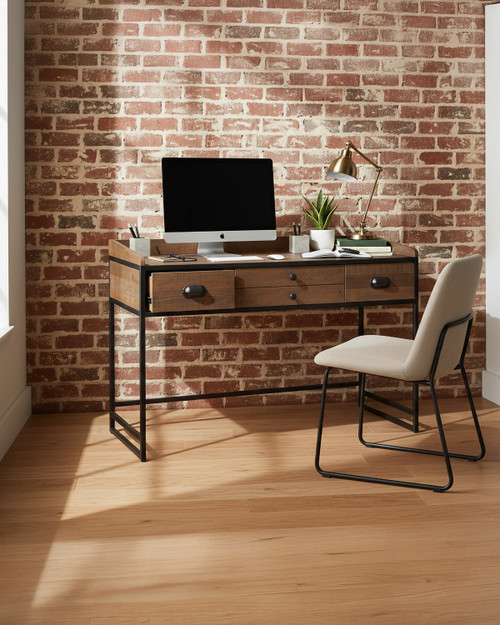 Hyloft Reclaimed Desk / Dressing Table WFS-BH-HYL06A, modern wooden dressing table with black metal frame and multiple drawers for storage.