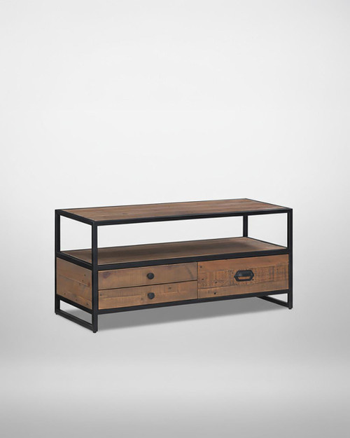Ooki Widescreen Television Cabinet VBR09A, modern TV stand with a wooden top and underneath storage drawers, black metal frame design. Ooki Widescreen Television Cabinet VBR09A, modern TV stand with a wooden top and underneath storage drawers, black metal frame design.