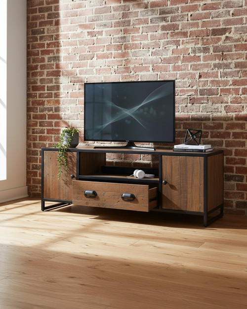 Hyloft Reclaimed Large Widescreen Television Cabinet WFS-BH-HYL09B, stylish wooden TV stand with black metal frame, featuring two side cabinets, one open shelf in the center, and drawers at the bottom.