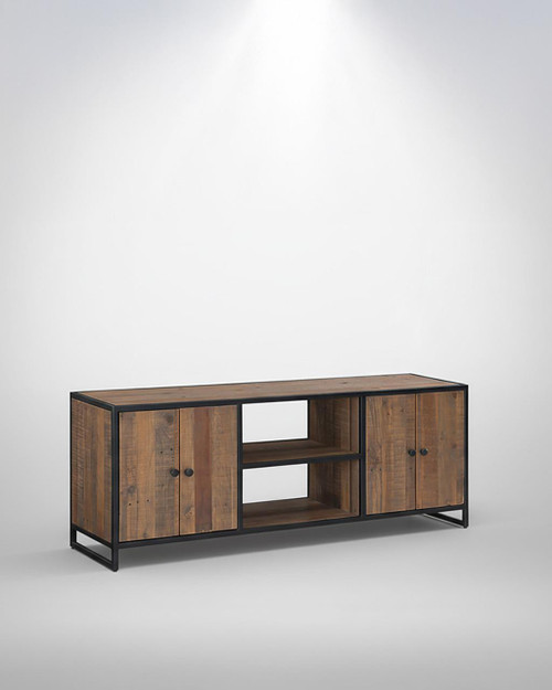 Ooki Extra Large Widescreen Television Cabinet VBR09C, wooden TV stand with black metal frame, two cabinet doors, and open shelves for electronics. Ooki Extra Large Widescreen Television Cabinet VBR09C, wooden TV stand with black metal frame, two cabinet doors, and open shelves for electronics.