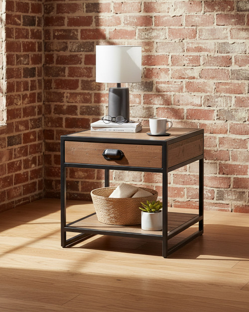 Hyloft Reclaimed Lamp / Side Table With Drawer WFS-BH-HYL10A, wooden side table with a drawer and lower shelf, featuring a black metal frame and handle, modern industrial design.