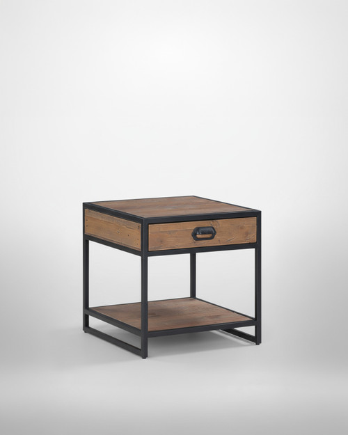 Hyloft Reclaimed Lamp / Side Table With Drawer WFS-BH-HYL10A, wooden side table with a drawer and lower shelf, featuring a black metal frame and handle, modern industrial design.