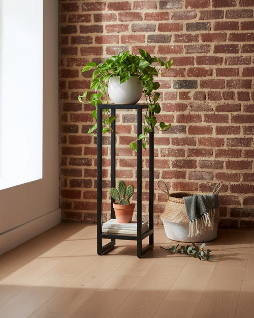 Hyloft Reclaimed Lamp / Plant Stand WFS-BH-HYL10C, tall black metal frame with wooden top and bottom shelves for plants or decorative items.