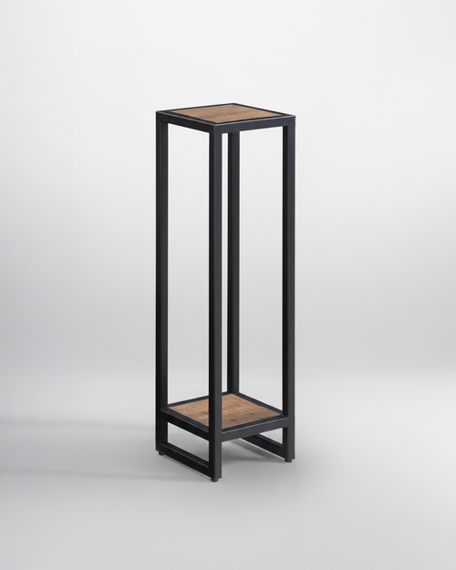 Hyloft Reclaimed Lamp / Plant Stand WFS-BH-HYL10C, tall black metal frame with wooden top and bottom shelves for plants or decorative items.