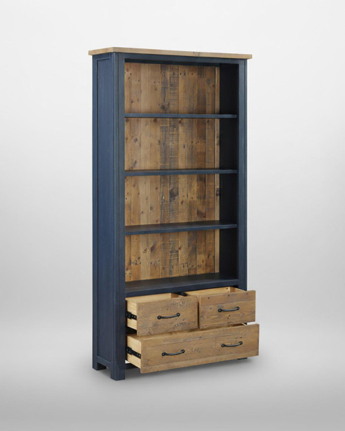 Splash of Blue Large Open Bookcase with Drawers VTTB01A, a wooden bookcase featuring a blue frame, open shelves, and two spacious drawers at the bottom. Splash of Blue Large Open Bookcase with Drawers VTTB01A, a wooden bookcase featuring a blue frame, open shelves, and two spacious drawers at the bottom.