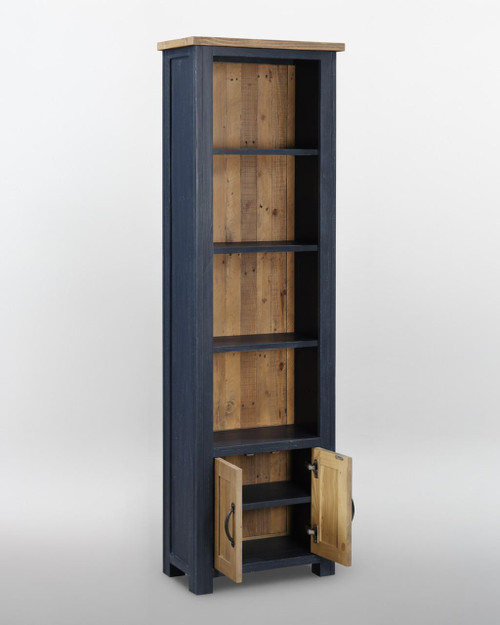 Splash of Blue Narrow Bookcase VTTB01C, a tall wooden bookcase featuring a navy blue finish and a natural wood top, with two small cabinet doors at the bottom and open shelves above. Splash of Blue Narrow Bookcase VTTB01C, a tall wooden bookcase featuring a navy blue finish and a natural wood top, with two small cabinet doors at the bottom and open shelves above.
