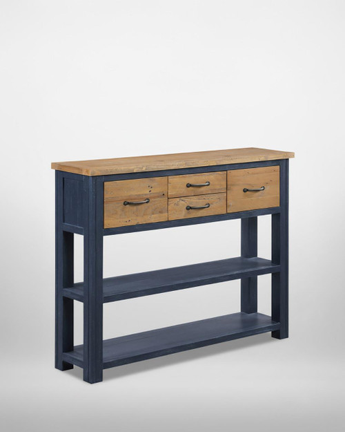 Splash of Blue Low Bookcase / Console VTTB02A, a wooden furniture piece with a blue-painted frame, natural wood top, and drawers with metal handles, featuring open shelves at the bottom. Splash of Blue Low Bookcase / Console VTTB02A, a wooden furniture piece with a blue-painted frame, natural wood top, and drawers with metal handles, featuring open shelves at the bottom.