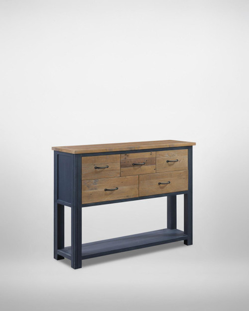 Splash of Blue Sideboard / Console Table VTTB02C, a modern wooden sideboard with a blue frame and natural wood drawers and tabletop, featuring black handles and a lower shelf for additional storage.