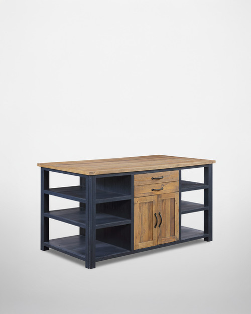 Saltmarsh Blue Kitchen Island WFS-BH-SAL02E, a rustic kitchen island with a wooden top, navy blue painted frame, open shelves on the sides, and a central cabinet with wooden doors.