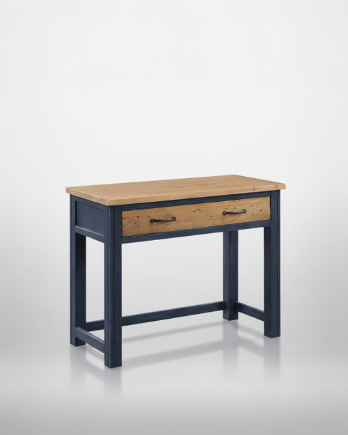 Splash of Blue Spacesaver Desk VTTB06A, wooden desk with a natural wood top and a blue painted frame, featuring a single drawer with black metal handles. Splash of Blue Spacesaver Desk VTTB06A, wooden desk with a natural wood top and a blue painted frame, featuring a single drawer with black metal handles.