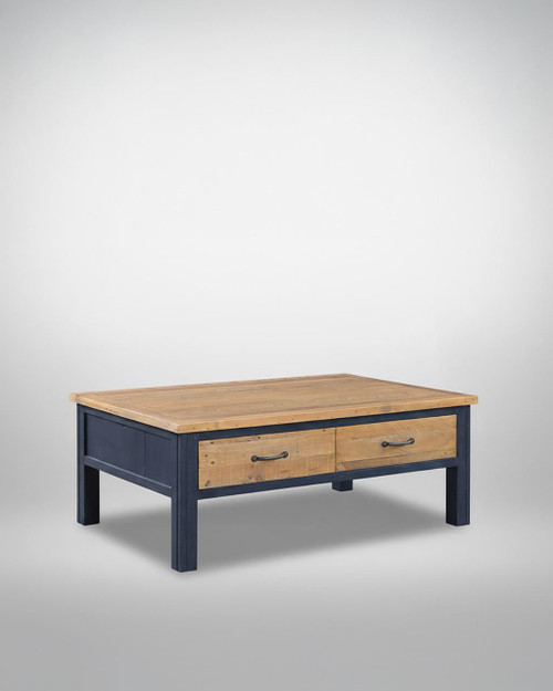 Splash of Blue Coffee Table With Four Drawers VTTB08A, a wooden coffee table with a natural wood top and dark blue frame and drawers. Splash of Blue Coffee Table With Four Drawers VTTB08A, a wooden coffee table with a natural wood top and dark blue frame and drawers.