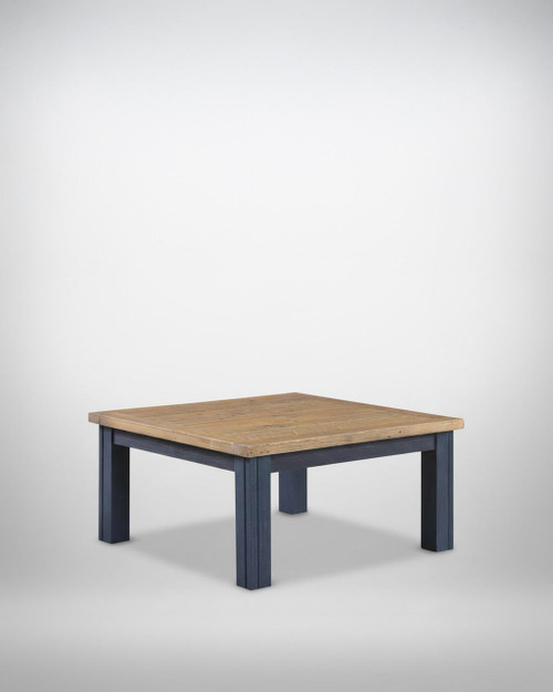 Splash of Blue Low Square Coffee Table VTTB08B, a wooden coffee table with a natural wood top and blue painted legs, stylish and modern furniture piece. Splash of Blue Low Square Coffee Table VTTB08B, a wooden coffee table with a natural wood top and blue painted legs, stylish and modern furniture piece.