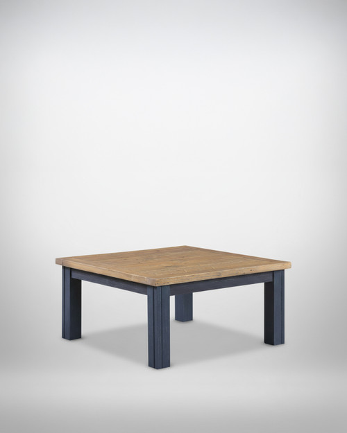 Saltmarsh Blue Low Square Coffee Table WFS-BH-SAL08B, a wooden coffee table with a natural wood top and blue painted legs, stylish and modern furniture piece.