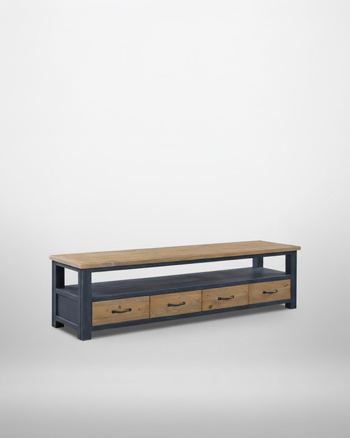 Saltmarsh Blue Super Sized Widescreen Television cabinet WFS-BH-SAL09B, a large TV stand with a wooden top, dark blue frame, open shelf, and three drawers, ideal for creating a stylish entertainment area.