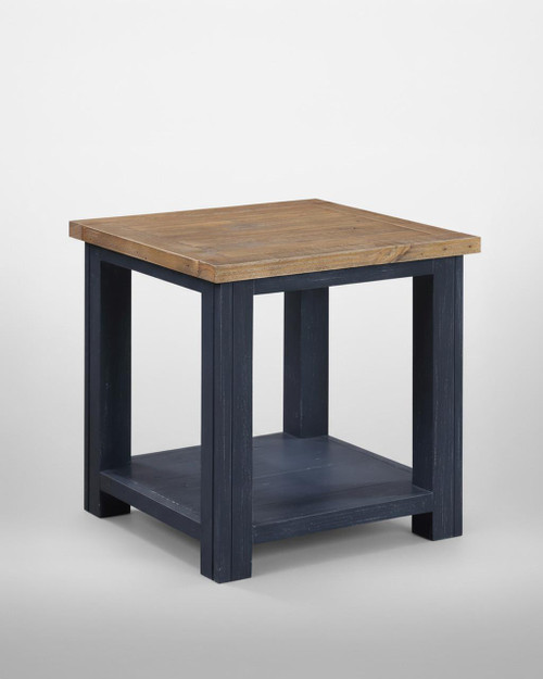 Splash of Blue Lamp Table VTTB10A, a wooden table with a natural finish top and dark blue painted base, modern design, ideal for living room or bedroom decor.