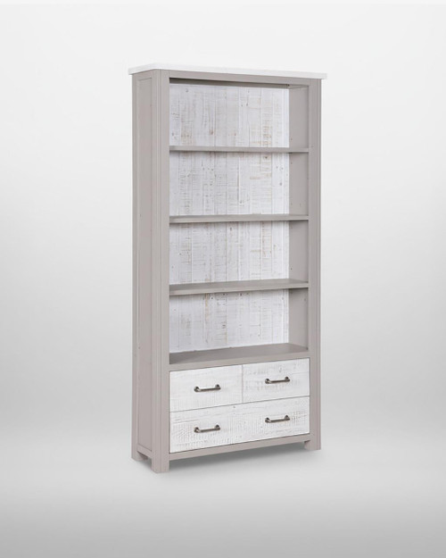 Greystone Large Open Bookcase with Drawers VTTG01A, white wooden bookcase with four shelves and two drawers at the bottom, stylish and functional for home or office storage. Greystone Large Open Bookcase with Drawers VTTG01A, white wooden bookcase with four shelves and two drawers at the bottom, stylish and functional for home or office storage.