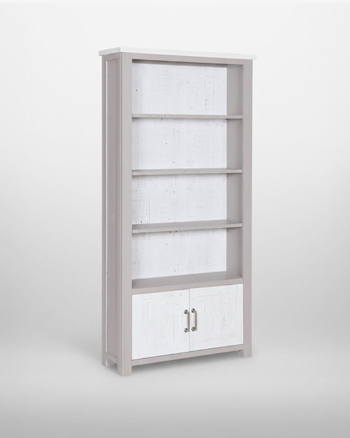 Greystone Large Open Bookcase with Doors VTTG01B, tall white wooden storage unit with open shelves and a closed cabinet at the bottom. Greystone Large Open Bookcase with Doors VTTG01B, tall white wooden storage unit with open shelves and a closed cabinet at the bottom.