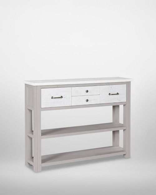 Greystone Low Bookcase / Console VTTG02A, white wooden furniture with three drawers and two open shelves. Greystone Low Bookcase / Console VTTG02A, white wooden furniture with three drawers and two open shelves.