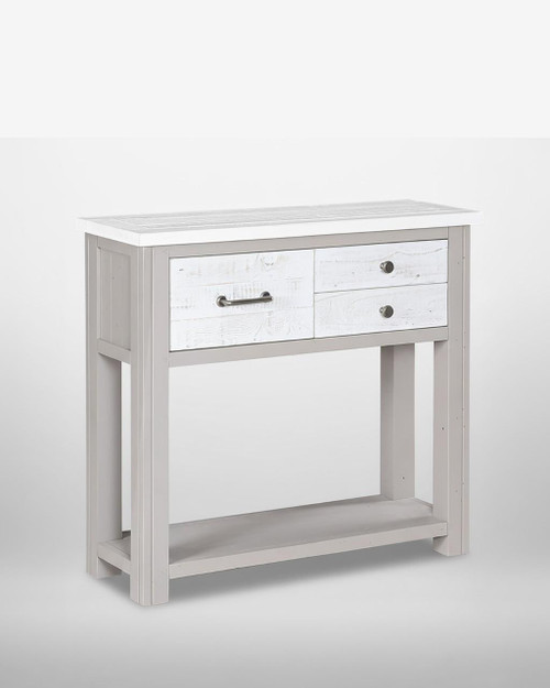 Greystone Hall Table VTTG02B, white wooden hall table with two drawers, black knob handles, and an open lower shelf. Greystone Hall Table VTTG02B, white wooden hall table with two drawers, black knob handles, and an open lower shelf.