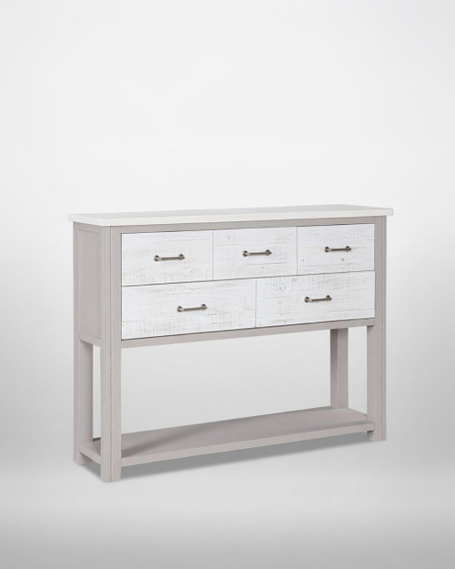 Greystone Sideboard / Console Table VTTG02C, white wooden sideboard with six drawers, silver handles, and open shelf at the bottom, modern furniture for living or dining room.