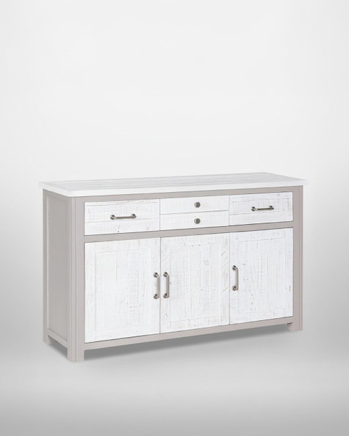Greystone Sideboard 3 Door / 4 Drawer VTTG02D, a stylish white and grey storage sideboard with 3 doors, 4 drawers, and metal handles, suitable for living or dining room decor. Greystone Sideboard 3 Door / 4 Drawer VTTG02D, a stylish white and grey storage sideboard with 3 doors, 4 drawers, and metal handles, suitable for living or dining room decor.