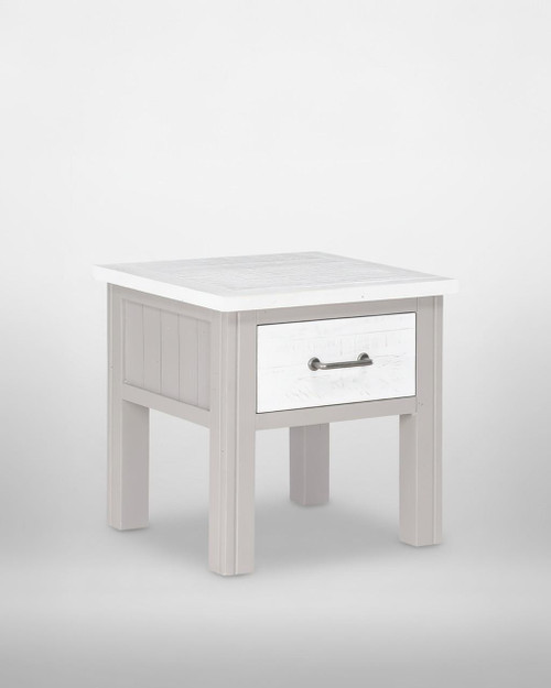 Greystone Lamp Table with Drawer VTTG10B, white wooden lamp table with a single drawer and a metal handle, designed for living room or bedside use.