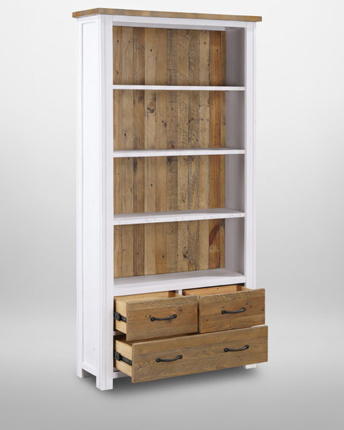 Splash of White Large Open Bookcase with Drawers VTTW01A, a white wooden furniture piece featuring open shelves with a natural wood back and a set of three drawers at the bottom with black handles. Splash of White Large Open Bookcase with Drawers VTTW01A, a white wooden furniture piece featuring open shelves with a natural wood back and a set of three drawers at the bottom with black handles.