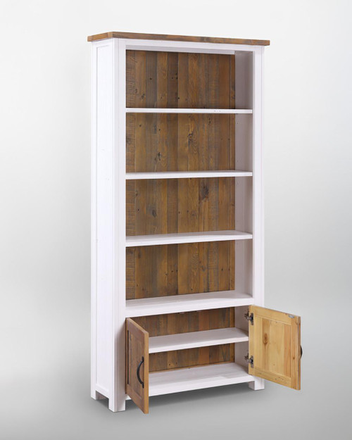 Splash of White Large Open Bookcase with Doors VTTW01B, a tall white wooden bookshelf with open shelves and two small doors at the bottom, featuring a natural wood top and interior back panel. Splash of White Large Open Bookcase with Doors VTTW01B, a tall white wooden bookshelf with open shelves and two small doors at the bottom, featuring a natural wood top and interior back panel.