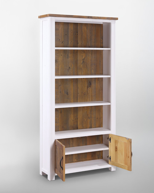 Chalkwash White Large Open Bookcase with Doors WFS-BH-CHA01B, a tall white wooden bookshelf with open shelves and two small doors at the bottom, featuring a natural wood top and interior back panel.