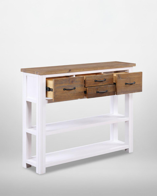 Splash of White Low Bookcase / Console VTTW02A, wooden low bookcase with white frame and natural wood top, featuring three rustic wooden drawers with black handles, and two open shelves at the bottom. Splash of White Low Bookcase / Console VTTW02A, wooden low bookcase with white frame and natural wood top, featuring three rustic wooden drawers with black handles, and two open shelves at the bottom.