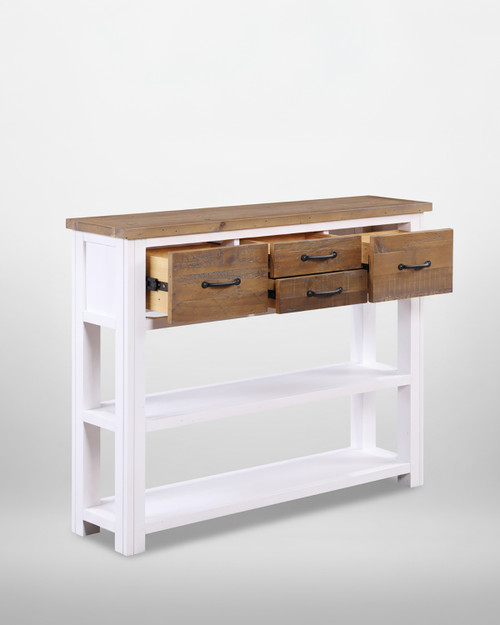 Chalkwash White Low Bookcase / Console WFS-BH-CHA02A, wooden low bookcase with white frame and natural wood top, featuring three rustic wooden drawers with black handles, and two open shelves at the bottom.