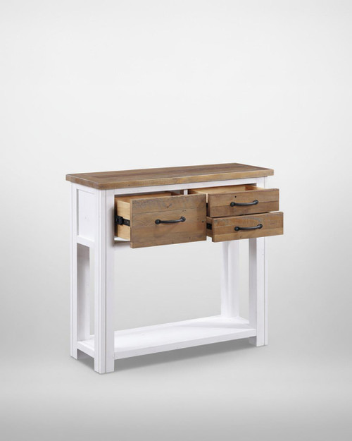Splash of White Small Console Table VTTW02B, wooden console table with a white painted frame and a natural wood tabletop and drawers Splash of White Small Console Table VTTW02B, wooden console table with a white painted frame and a natural wood tabletop and drawers