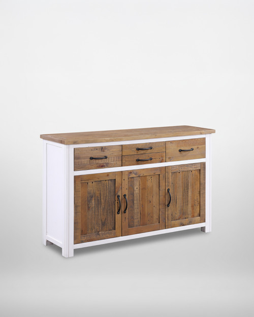 Chalkwash White Sideboard 3 Door / 4 Drawer WFS-BH-CHA02D, a wooden sideboard with a natural wood finish on the doors and drawers, white painted frame and top, featuring black handles, set against a plain white background.