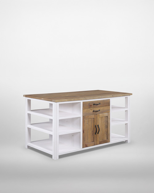 Chalkwash White Kitchen Island WFS-BH-CHA02E, a rustic kitchen island with a wooden top, white painted frame, and natural wood doors and drawers for storage.