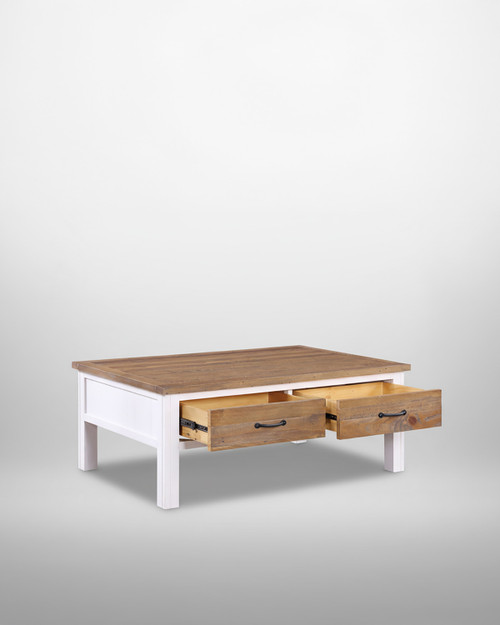 Chalkwash White Coffee Table With Four Drawers WFS-BH-CHA08A, a modern coffee table with a wood top, white legs, and two sliding drawers with black handles.