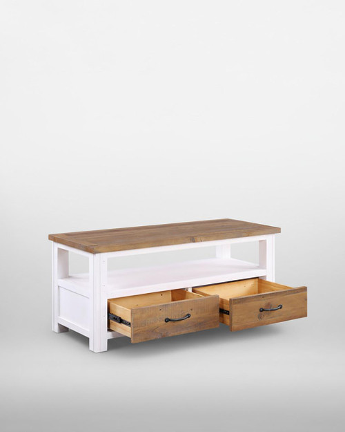 Splash of White Widescreen Television Cabinet VTTW09A, wooden TV stand with open shelf and two large drawers, featuring a white painted frame and natural wood top, modern furniture design. Splash of White Widescreen Television Cabinet VTTW09A, wooden TV stand with open shelf and two large drawers, featuring a white painted frame and natural wood top, modern furniture design.