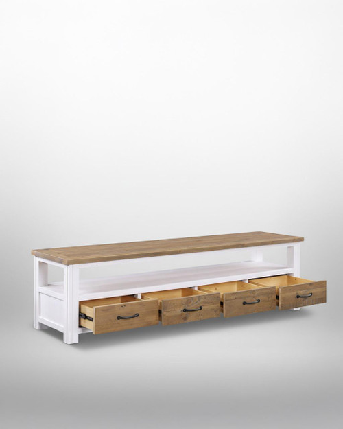 Splash of White Large Widescreen Television Cabinet VTTW09B, wooden TV stand with four drawers and open shelves, featuring a white painted frame and natural wood top. Splash of White Large Widescreen Television Cabinet VTTW09B, wooden TV stand with four drawers and open shelves, featuring a white painted frame and natural wood top.