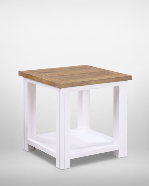 Chalkwash White Lamp Table WFS-BH-CHA10A, wooden lamp table with white painted frame and natural wood top.