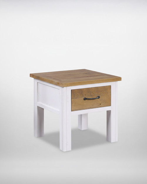 Chalkwash White Lamp Table with DrawerWFS-BH-CHA10B, wooden side table with white painted legs and frame, natural wood top and drawer front, black metal handle on drawer.