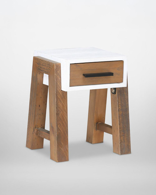 Trinity Reclaimed Open Side Table With One Drawer VWP10B, wooden side table featuring a reclaimed wood finish, open side design and a single black drawer handle. Trinity Reclaimed Open Side Table With One Drawer VWP10B, wooden side table featuring a reclaimed wood finish, open side design and a single black drawer handle.