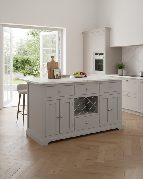 Grey Kitchen Island With White Marble Worktop - WFS-BH-CKI01A-W Grey Kitchen Island With White Marble Worktop - WFS-BH-CKI01A-W