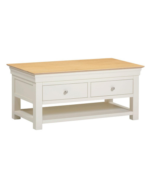 Vermont 2 Drawer Coffee Table in Ivory/Oak VM300-301-092, a wooden coffee table with drawers and a lower shelf in a white and natural wood finish. Vermont 2 Drawer Coffee Table in Ivory/Oak VM300-301-092, a wooden coffee table with drawers and a lower shelf in a white and natural wood finish.