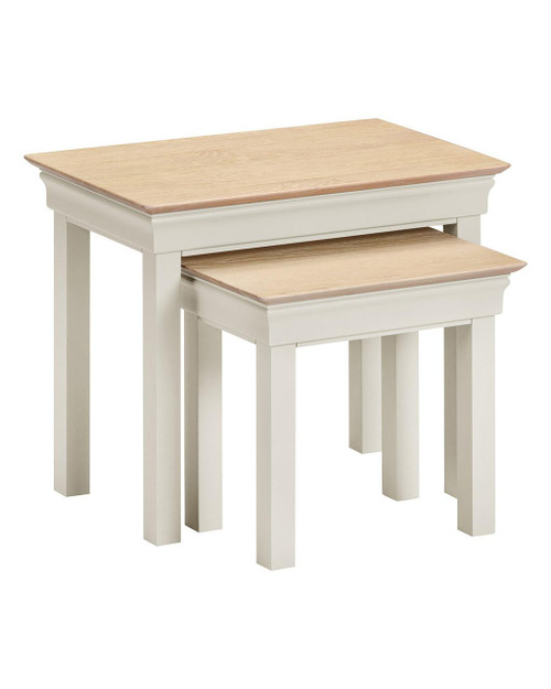 Vermont Nest of 2 Tables in Ivory/Oak, product image showing two wooden nesting tables with ivory finished legs and oak finished tabletops.