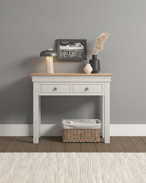 Vermont Console Table in Ivory/Oak VM300-304-037, a stylish and functional furniture piece with a white finish and a natural wood top, ideal for entryways or living rooms.