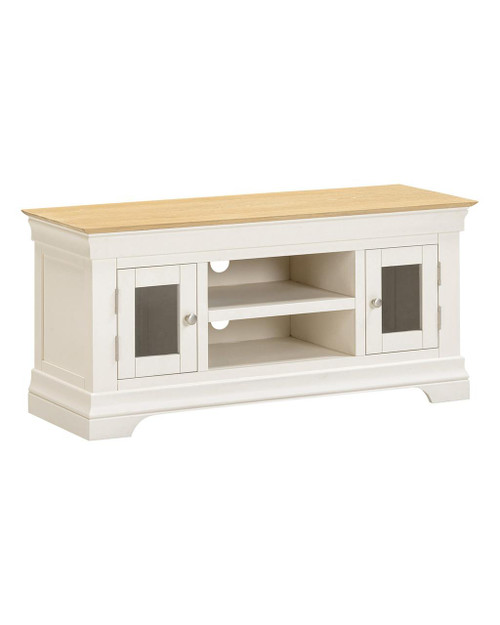 Vermont Small TV Stand in Ivory/Oak VM300-305-064, wooden TV stand with two glass-paneled cabinet doors and open shelf in the middle.