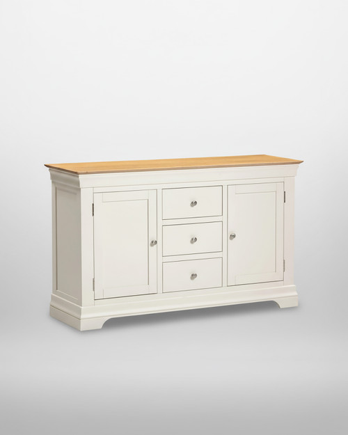 Vermont 2 Door 3 Drawer Sideboard in Ivory/Oak VM400-405-053, wooden sideboard with white body and natural oak top, featuring two doors and three central drawers with metal knobs.