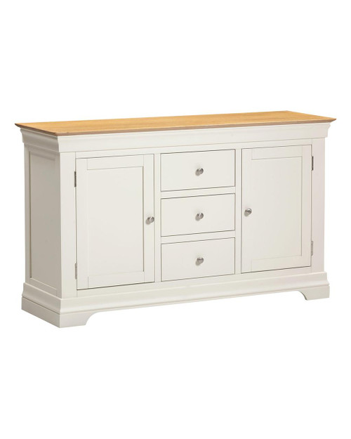 Vermont 2 Door 3 Drawer Sideboard in Ivory/Oak VM400-405-053, wooden sideboard with white body and natural oak top, featuring two doors and three central drawers with metal knobs.