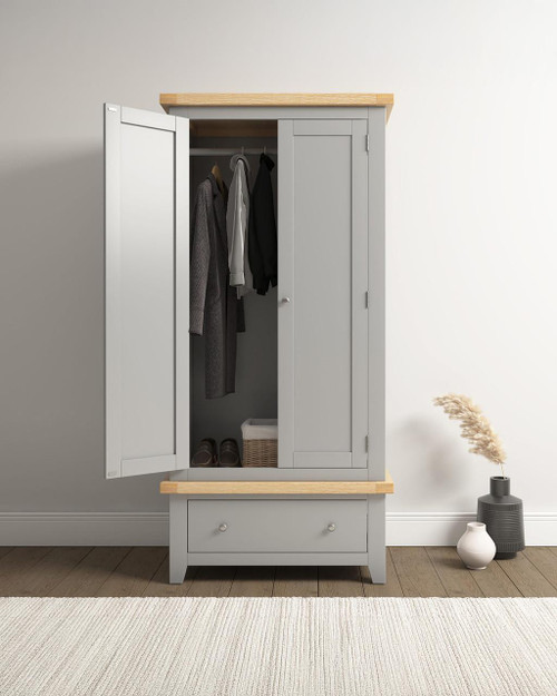 Hampton Pebble Grey 2 Door 1 Drawer Wardrobe HG100-101-230, modern grey wardrobe with two doors, one drawer at the bottom, and wooden top and bottom details.