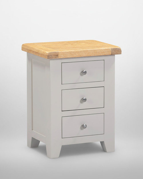 Hampton Pebble Grey 3 Drawer Bedside HG100-103-117, white bedside cabinet with three drawers and a natural wood top.