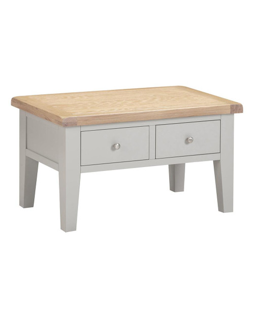 Hampton Pebble Grey 2 Drawer Coffee Table HG300-301-089, light grey wooden coffee table with natural wood top and two drawers with round metal handles.